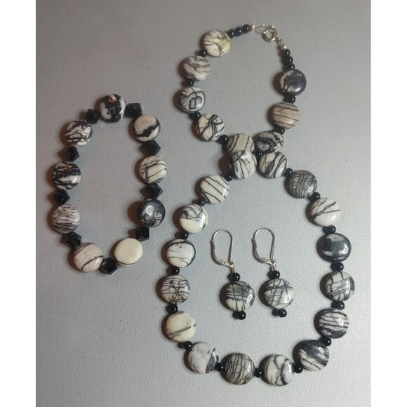 Spider Web Jasper Tourmaline Jewelry Set Black White Beaded Necklace Bracelet an - Picture 11 of 13